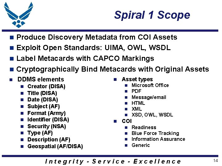 Spiral 1 Scope Produce Discovery Metadata from COI Assets n Exploit Open Standards: UIMA, Spiral 1 Scope Produce Discovery Metadata from COI Assets n Exploit Open Standards: UIMA,