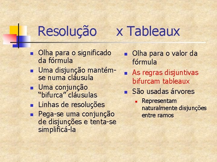 Resolução n n n x Tableaux Olha para o significado da fórmula Uma disjunção