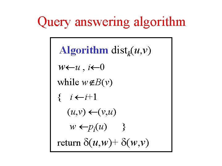 Query answering algorithm Algorithm distk(u, v) w u , i 0 while w B(v)