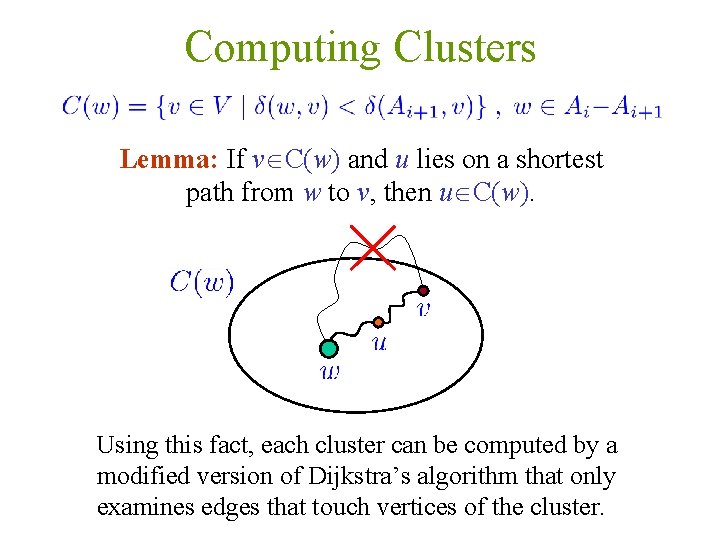 Computing Clusters Lemma: If v C(w) and u lies on a shortest path from