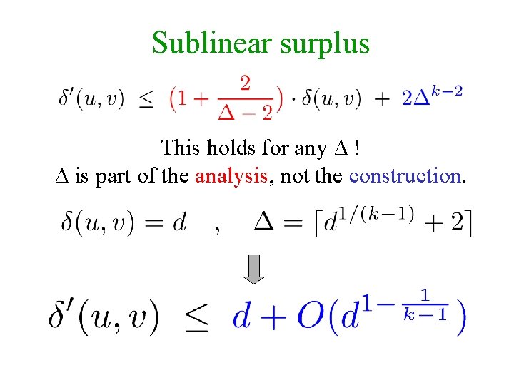 Sublinear surplus This holds for any Δ ! Δ is part of the analysis,