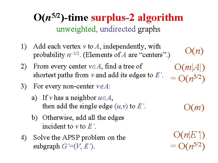 O(n 5/2)-time surplus-2 algorithm unweighted, undirected graphs 1) Add each vertex v to A,