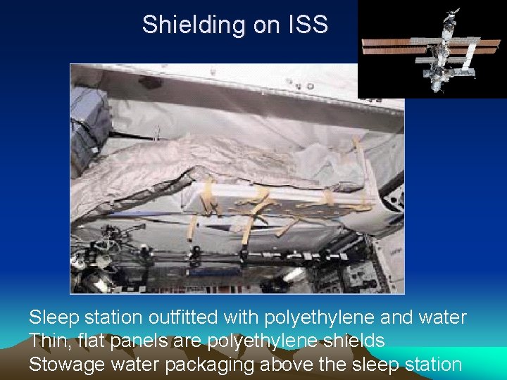 Shielding on ISS Sleep station outfitted with polyethylene and water Thin, flat panels are