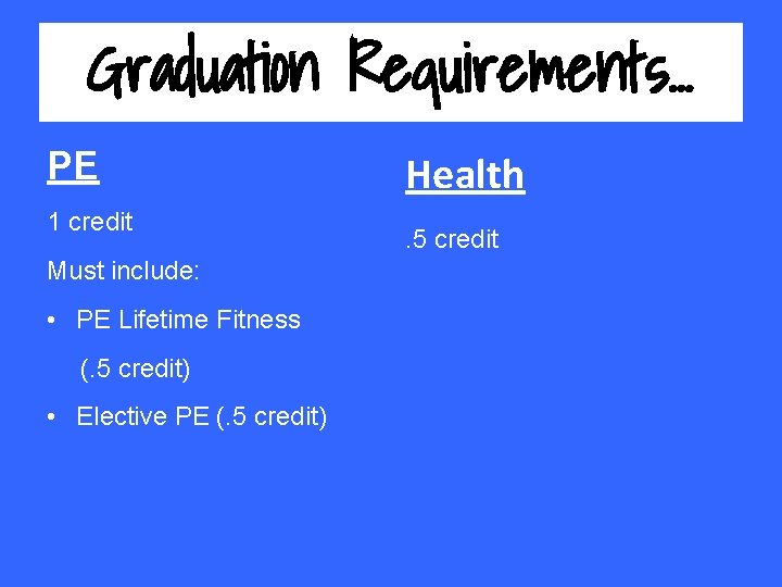 Graduation Requirements. . . PE 1 credit Must include: • PE Lifetime Fitness (.