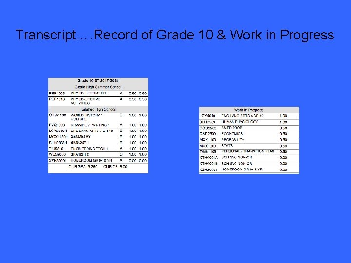 Transcript…. Record of Grade 10 & Work in Progress 