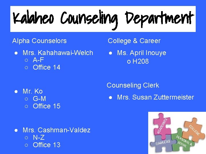 Kalaheo Counseling Department Alpha Counselors College & Career ● Mrs. Kahahawai-Welch ○ A-F ○