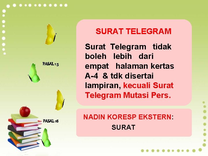 SURAT TELEGRAM PASAL 1 5 PASAL 16 Surat Telegram tidak boleh lebih dari empat