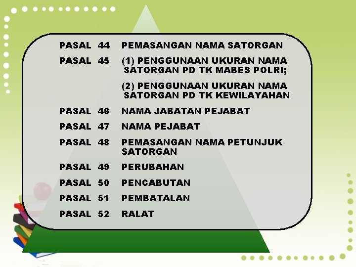 PASAL 44 PEMASANGAN NAMA SATORGAN PASAL 45 (1) PENGGUNAAN UKURAN NAMA SATORGAN PD TK