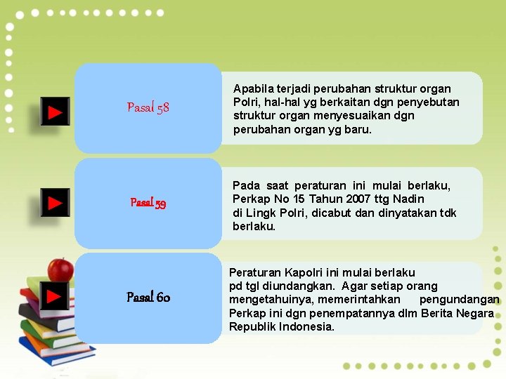► ► ► Pasal 58 Apabila terjadi perubahan struktur organ Polri, hal-hal yg berkaitan