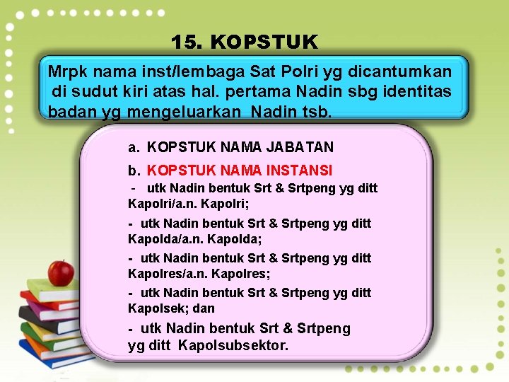 15. KOPSTUK Mrpk nama inst/lembaga Sat Polri yg dicantumkan di sudut kiri atas hal.