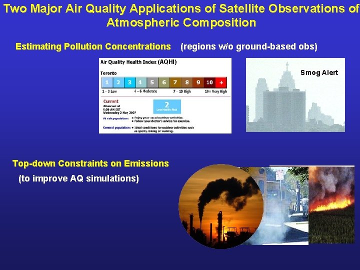 Two Major Air Quality Applications of Satellite Observations of Atmospheric Composition Estimating Pollution Concentrations