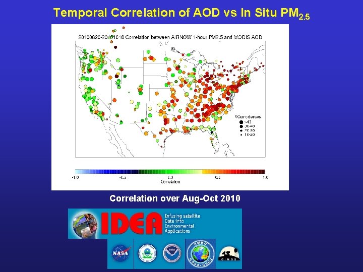 Temporal Correlation of AOD vs In Situ PM 2. 5 Correlation over Aug-Oct 2010