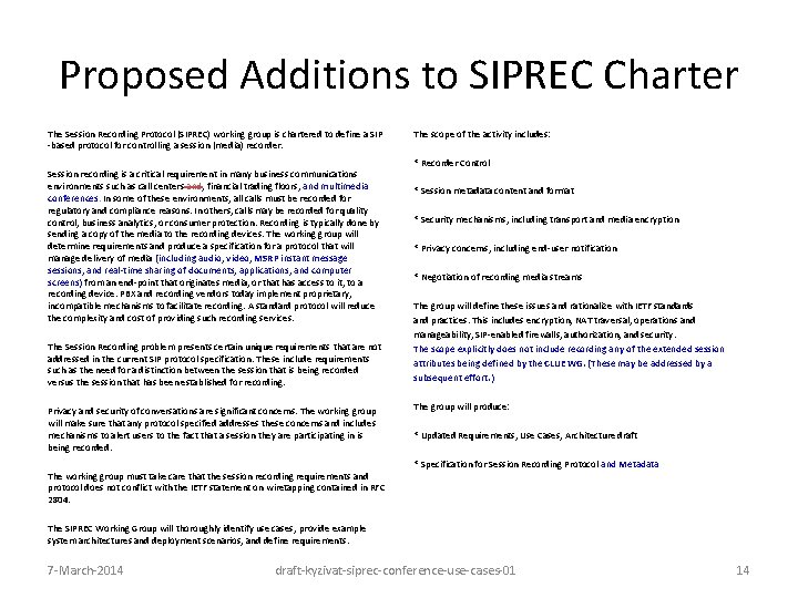 Proposed Additions to SIPREC Charter The Session Recording Protocol (SIPREC) working group is chartered