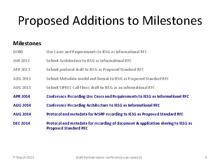 Proposed Additions to Milestones DONE Use Cases and Requirements to IESG as Informational RFC