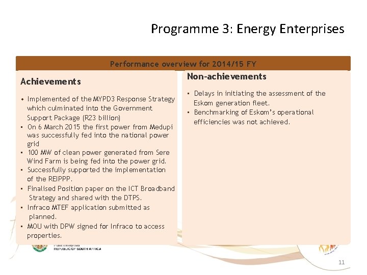 Programme 3: Energy Enterprises Performance overview for 2014/15 FY Achievements • Implemented of the