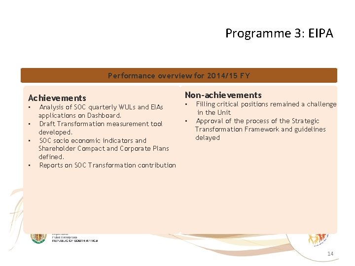 Programme 3: EIPA Performance overview for 2014/15 FY Achievements • • Analysis of SOC