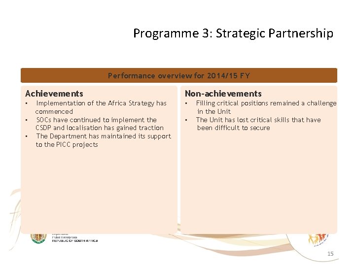 Programme 3: Strategic Partnership Performance overview for 2014/15 FY Achievements • • • Implementation