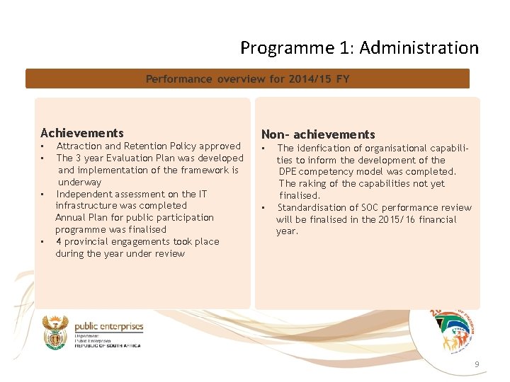 Programme 1: Administration Achievements • • Attraction and Retention Policy approved The 3 year