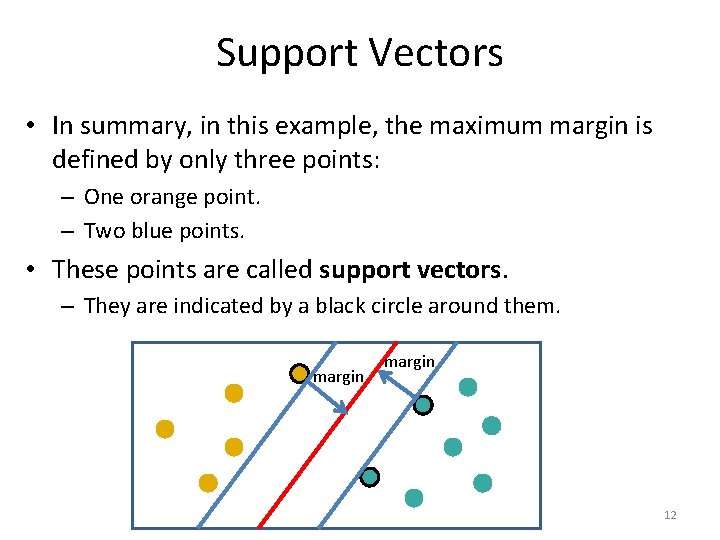 Support Vectors • In summary, in this example, the maximum margin is defined by