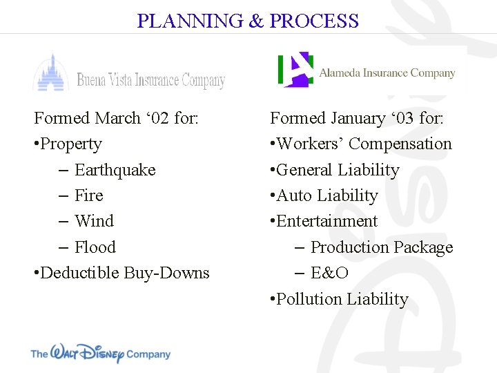 PLANNING & PROCESS Formed March ‘ 02 for: • Property – Earthquake – Fire