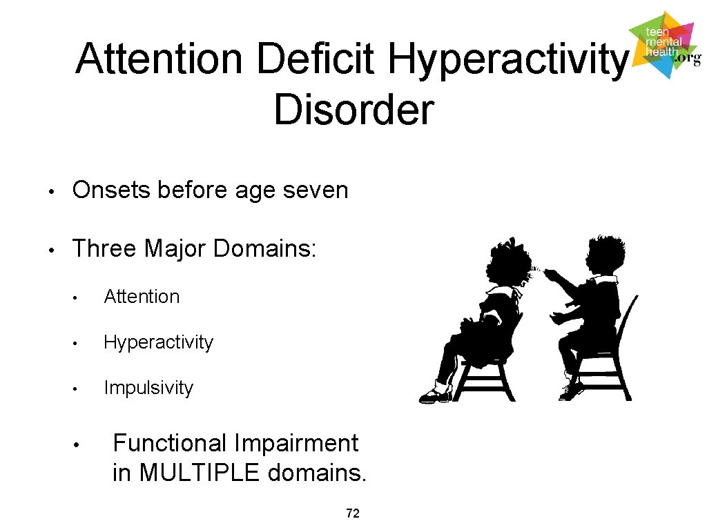 Attention Deficit Hyperactivity Disorder • Onsets before age seven • Three Major Domains: •