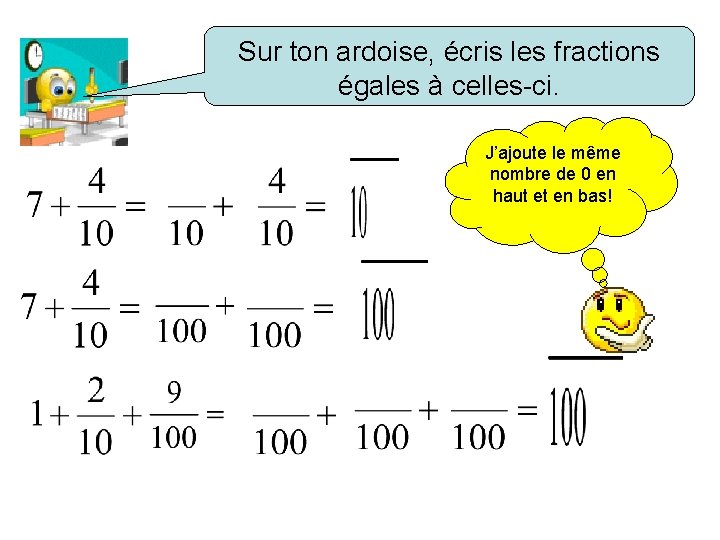 Sur ton ardoise, écris les fractions égales à celles-ci. J’ajoute le même nombre de