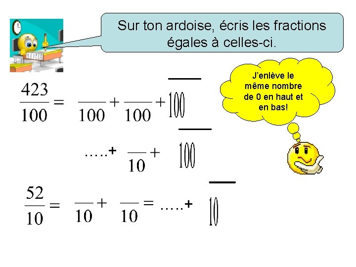 Sur ton ardoise, écris les fractions égales à celles-ci. J’enlève le même nombre de