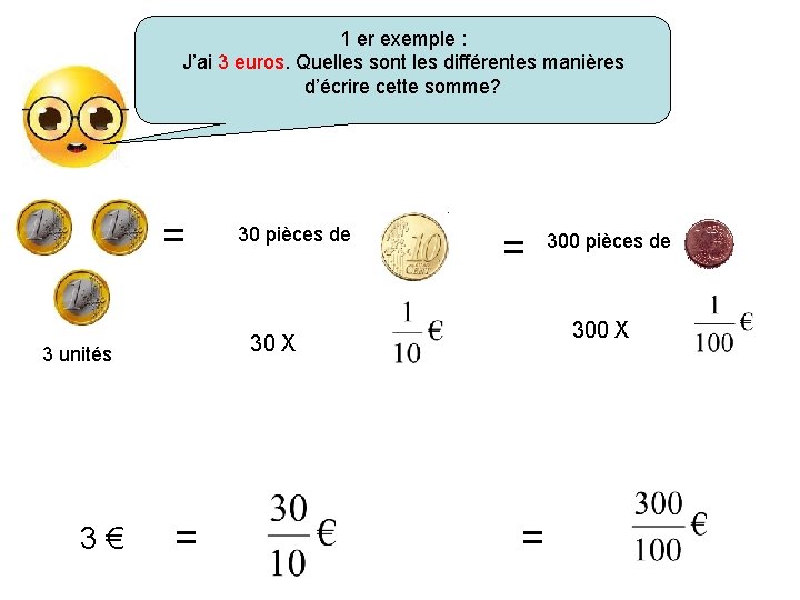 1 er exemple : J’ai 3 euros. Quelles sont les différentes manières d’écrire cette