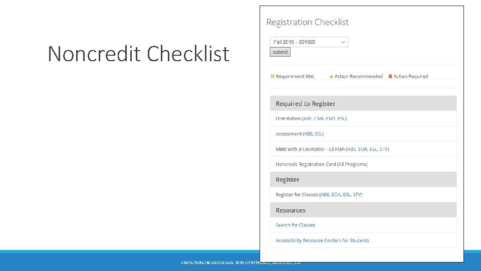 Noncredit Checklist CISOA/3 CBG/4 CUG/CCCAUG 2020 CONFERENCE, MONTEREY, CA 