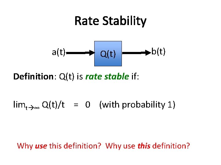 Rate Stability a(t) Q(t) b(t) Definition: Q(t) is rate stable if: limt ∞ Q(t)/t