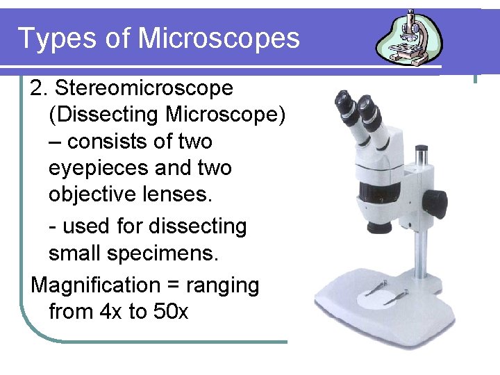 Types of Microscopes 2. Stereomicroscope (Dissecting Microscope) – consists of two eyepieces and two