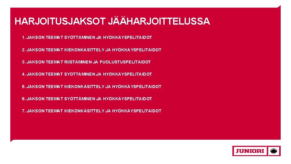 HARJOITUSJAKSOT JÄÄHARJOITTELUSSA 1. JAKSON TEEMAT SYÖTTÄMINEN JA HYÖKKÄYSPELITAIDOT 2. JAKSON TEEMAT KIEKONKÄSITTELY JA HYÖKKÄYSPELITAIDOT