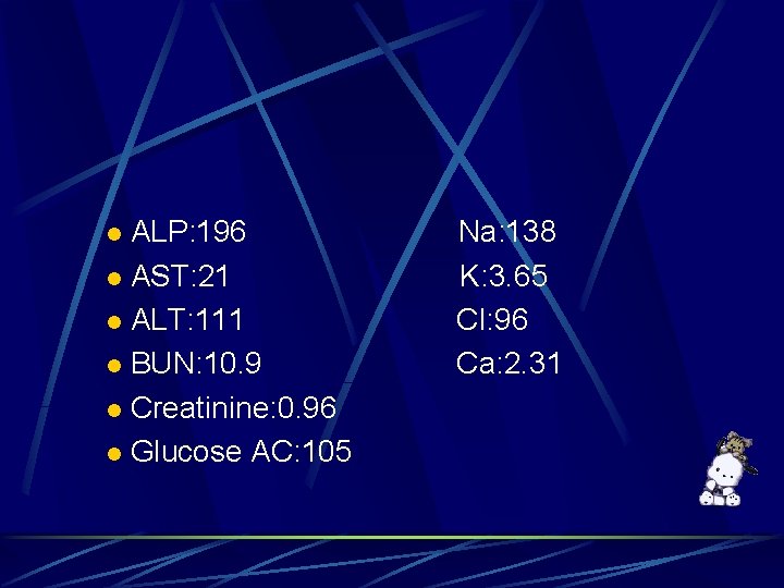 ALP: 196 Na: 138 l AST: 21 K: 3. 65 l ALT: 111 Cl: