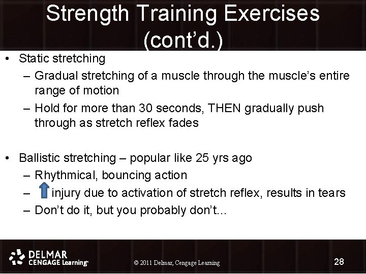 Strength Training Exercises (cont’d. ) • Static stretching – Gradual stretching of a muscle