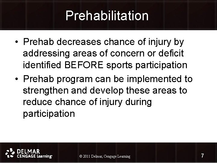 Prehabilitation • Prehab decreases chance of injury by addressing areas of concern or deficit