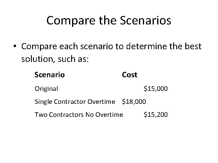 Compare the Scenarios • Compare each scenario to determine the best solution, such as: Compare the Scenarios • Compare each scenario to determine the best solution, such as: