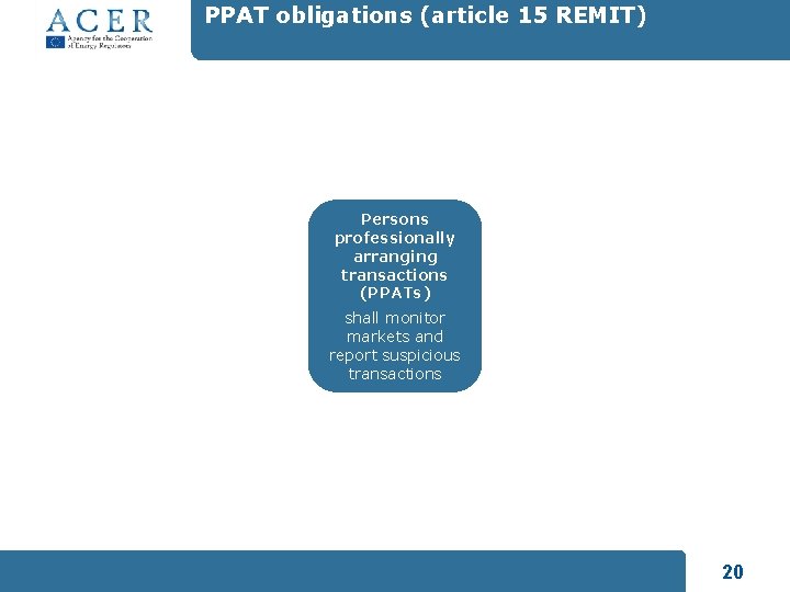 PPAT obligations (article 15 REMIT) Persons professionally arranging transactions (PPATs) shall monitor markets and