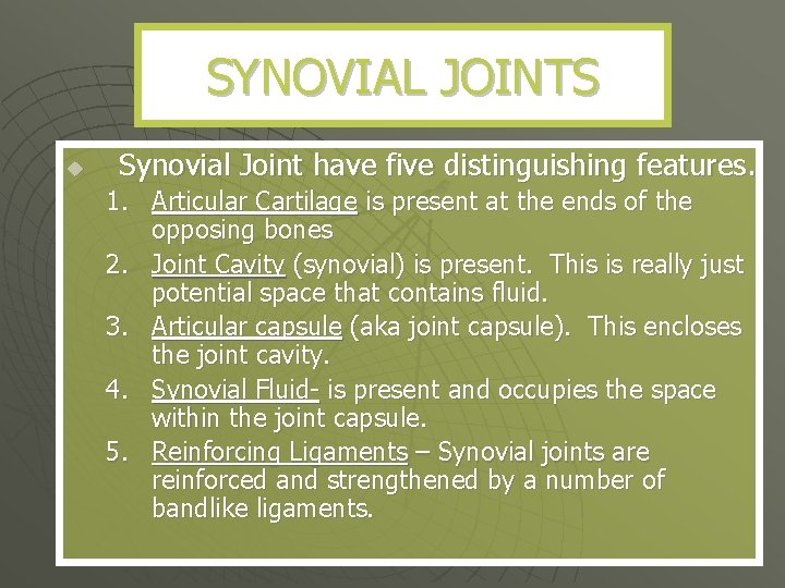 SYNOVIAL JOINTS u Synovial Joint have five distinguishing features. 1. Articular Cartilage is present