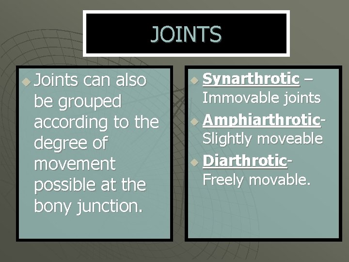 JOINTS u Joints can also be grouped according to the degree of movement possible