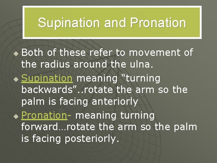 Supination and Pronation Both of these refer to movement of the radius around the