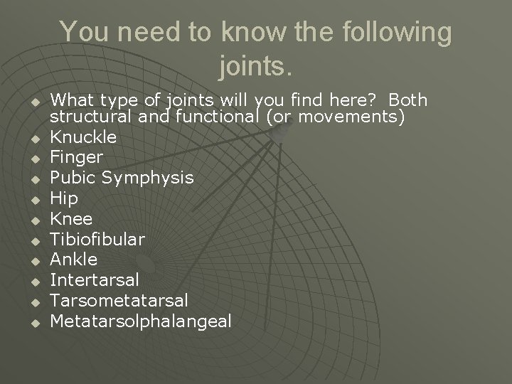 You need to know the following joints. u u u What type of joints