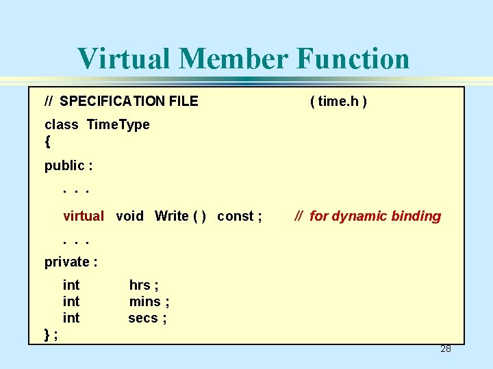 Virtual Member Function // SPECIFICATION FILE ( time. h ) class Time. Type {