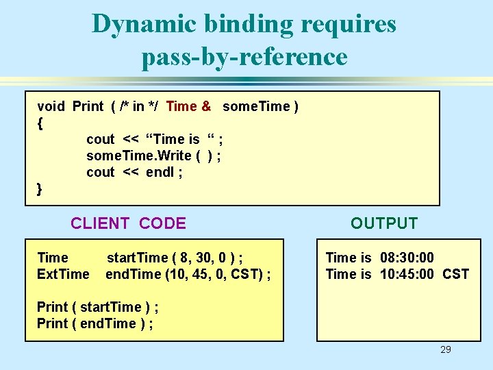 Dynamic binding requires pass-by-reference void Print ( /* in */ Time & some. Time