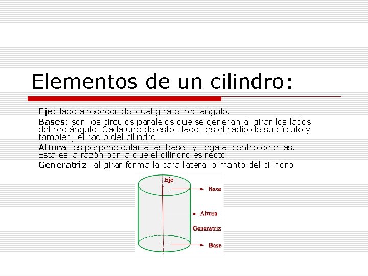 Elementos de un cilindro: Eje: lado alrededor del cual gira el rectángulo. Bases: son