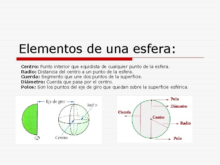 Elementos de una esfera: Centro: Punto interior que equidista de cualquier punto de la