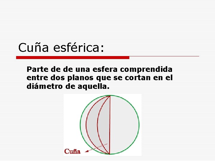 Cuña esférica: Parte de de una esfera comprendida entre dos planos que se cortan