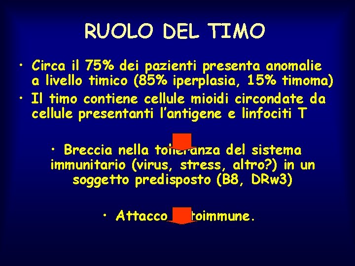 RUOLO DEL TIMO • Circa il 75% dei pazienti presenta anomalie a livello timico