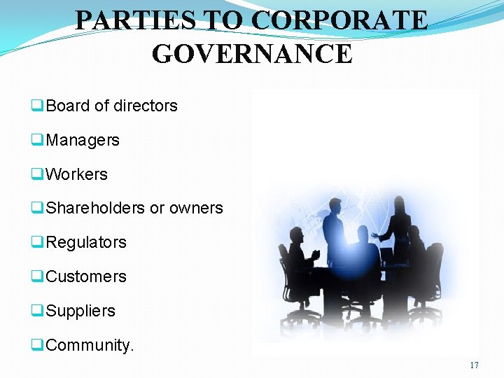 PARTIES TO CORPORATE GOVERNANCE q Board of directors q Managers q Workers q Shareholders