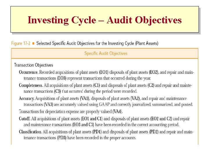 Investing Cycle – Audit Objectives 