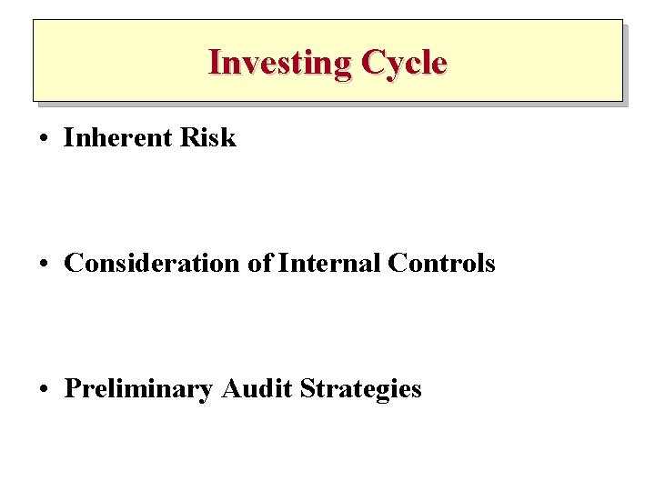 Investing Cycle • Inherent Risk • Consideration of Internal Controls • Preliminary Audit Strategies